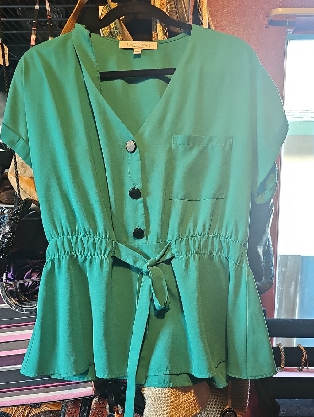 Sweet Rain Green Tie-Waist Peplum Blouse